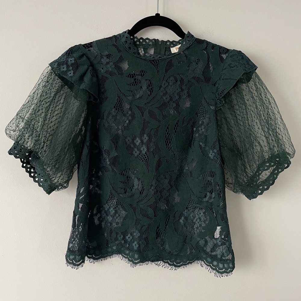 Sheer Mesh Puff Sleeve Lace Blouse Green Size S Whimsigoth Fairy Grunge Romantic